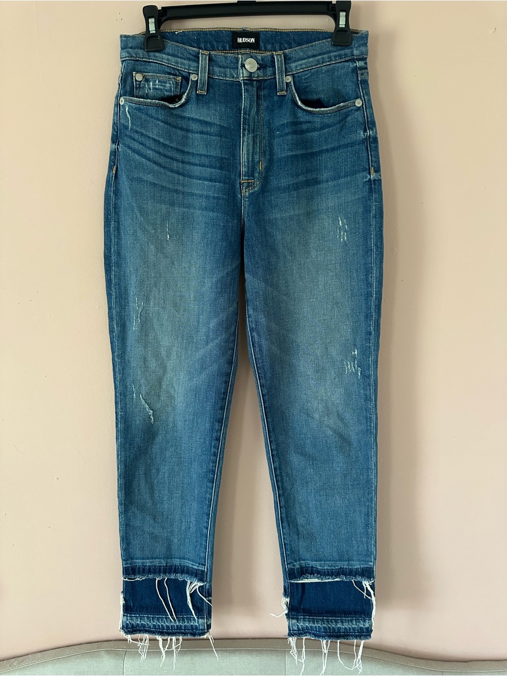 Hudson Zoeey High Rise Straight Cropped Distressed Medium Wash Denim Jeans